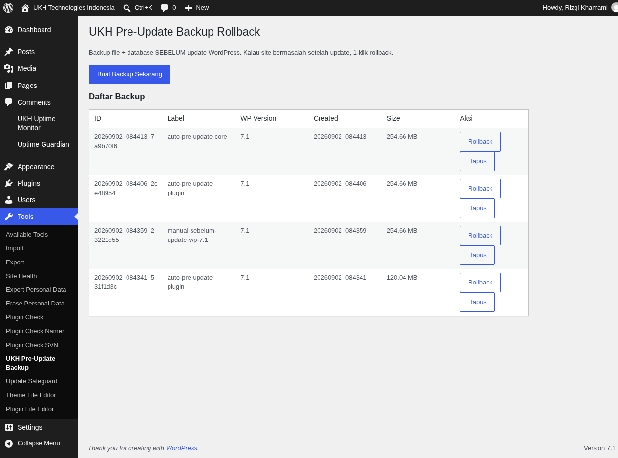 UKH Pre-Update Backup & Rollback dashboard dashboard
